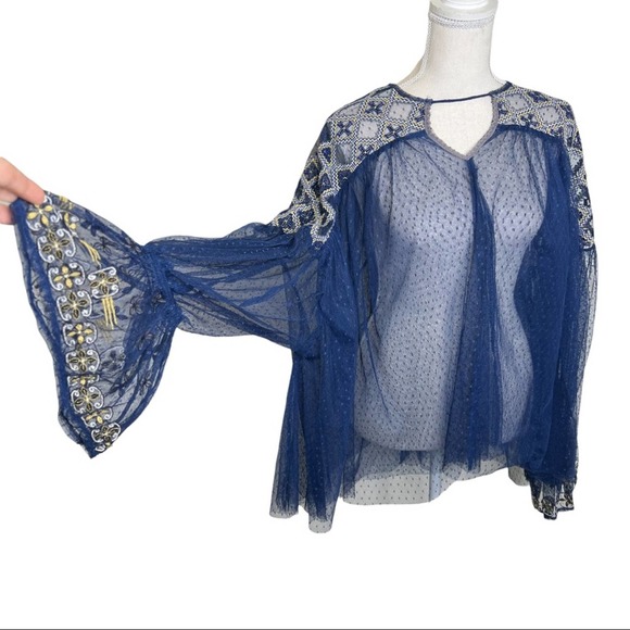 Free People Joyride Navy Blue Sheer Bell Sleeve Blouse Small - Picture 5 of 12